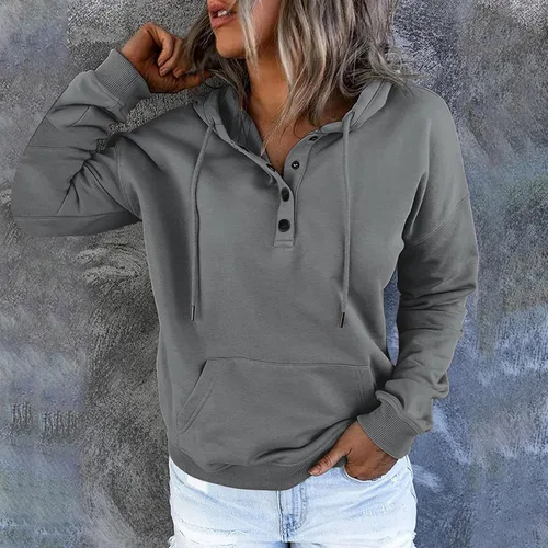 Vista 5 de Sudadera de gran tamaño para mujer, sudadera con capucha de color sólido con botones, manga larga, con bolsillo