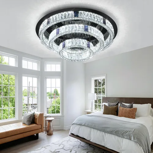 Vista 7 de Candelabro de cristal LED moderno de 32 pulgadas para sala de estar, lámpara redonda de cristal de 3 niveles, lámpara de techo de cristal negro
