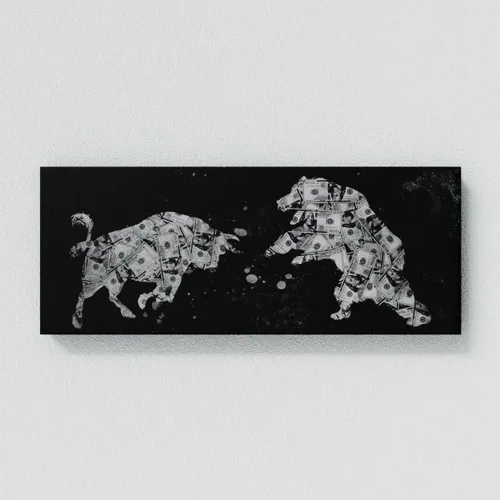 Vista 4 de Sense Canvas Bull vs Bear Money Small 20 x 8 / 0.75 pulgadas - Stock Market Bull vs Bear Financial Wall Street Office Entrepreneur Decor Wall Art