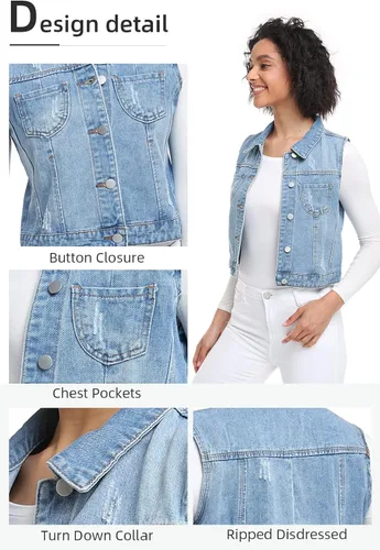 Vista 6 de Xeoxarel Chaleco de mezclilla para mujer, chaqueta de mezclilla sin mangas (XS-XXL)