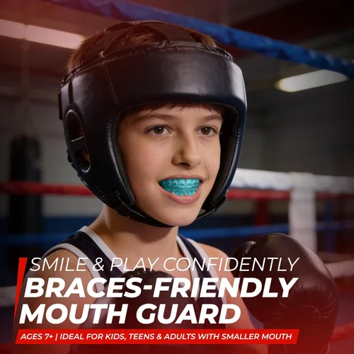 Vista 2 de SafeGrin Protector Bucal Azul para Brackets para Deportes - Silicona Premium para Adolescentes y Jóvenes, Protección de Dientes Superiores e