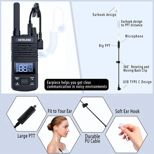 Vista 4 de KETELESE T1 FRS Walkie Talkie Set para adultos, radio bidireccional de largo alcance, con auricular de radio familiar Walkie-Talkie, NOAA, VOX