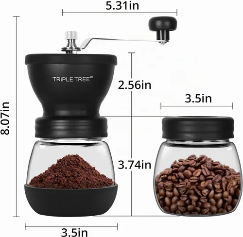 Vista 2 de Molinillo de café manual con rebabas de cerámica y mango de acero inoxidable alargado, molinillo de café de mano con 2 frascos de vidrio