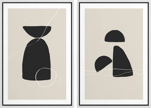 Vista 83 de SIGNWIN Lienzo enmarcado para pared, juego de arte de collage de ondas en espiral de mediados de siglo, formas abstractas, acogedor, neutro