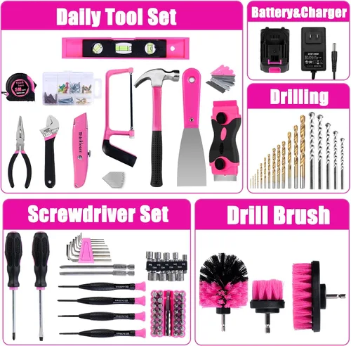 Vista 7 de ThinkLearn - Kit de herramientas con taladro inalámbrico de 20 V (265 lb-in), juego de taladro rosa para mujeres, kit de herramientas para el hogar