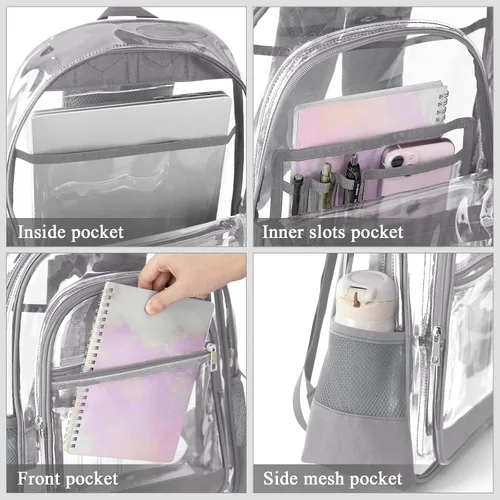 Vista 3 de Mochila transparente, mochila transparente de PVC de alta resistencia.., Gris, Bolsa transparente aprobada para estadios