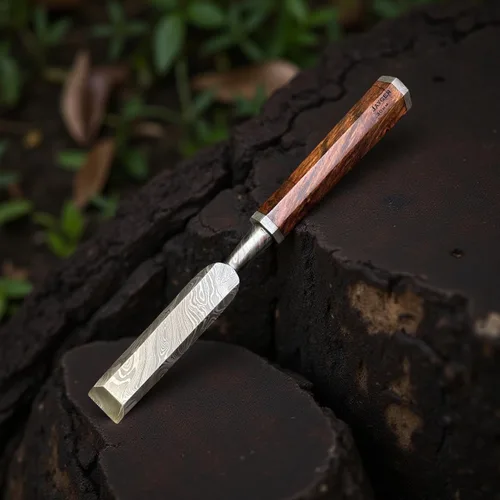 Vista 4 de Juego de cinceles de madera de 5 piezas – Cuchillas de borde biselado de acero de Damasco forjadas a mano con cubiertas de cuero y asas