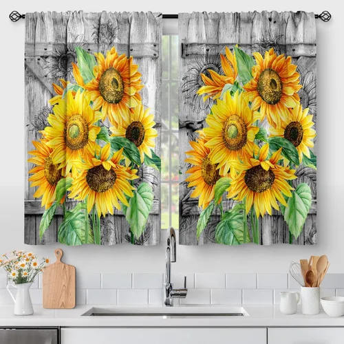 Vista 6 de Aimego Cortinas de Cocina de Eucalipto Primaveral - Hojas de Plantas de Acuarela Floral Azul con Cortinas de Nivel Botánico Floral para Cafetería