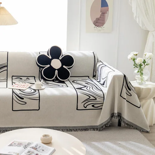 Vista 7 de Funda de sofá bohemia de chenilla, suave, apta para mascotas, protector de muebles multiusos con borlas Boho 3 Murales Franceses Negro