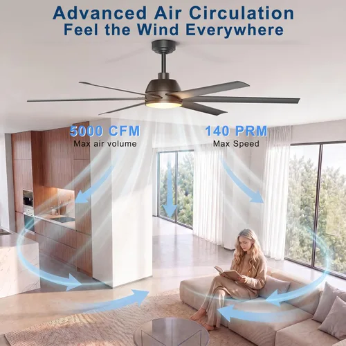 Vista 3 de Ventilador de techo de 65 pulgadas con luces, ventilador de techo negro con control remoto y aplicación, 3CCT, regulable, motor CC reversible