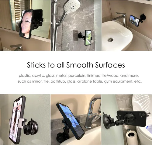 Vista 3 de Soporte universal para teléfono de ducha con espejo, multidireccional doble con ventosa giratoria de 360 grados, soporte de montaje en pared