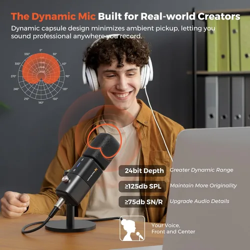 Vista 2 de NearStream AM15X Micrófono dinámico para PC con USB/XLR, cancelación de ruido 24-Bit/48kHz Audio, Headphone Monitoring, Mute, Gain Control and