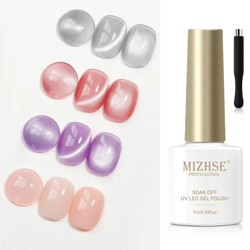 Vista 19 de MIZHSE Quick Dry Cat Eye Gel Nail Polish Set 4 Colors Long Lasting Silver Magnetic & Jelly Sheer Shades with Magnet Stick, High Shine Soak Off UV