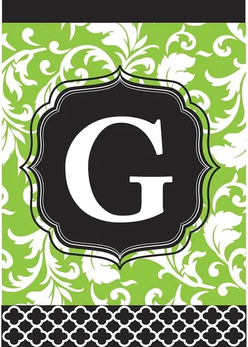 Vista 3 de Monogram E - Bandera de jardín rectangular con doble aplique de filigrana verde y negro, de 18 x 13 pulgadas Filigrana Verde E