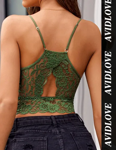 Vista 4 de Avidlove Bralette de encaje para mujer, camisolas de cuello alto, espalda cruzada, top corto de doble capa