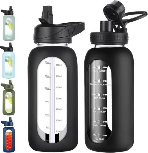 Vista 11 de EALGRO Botella de agua de vidrio de 32 onzas con popote y asa, frasco de agua motivacional deportivo con funda de silicona, taza grande a prueba