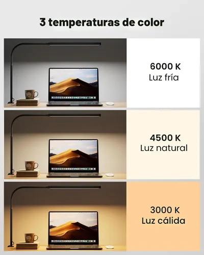 Vista 5 de SUPERDANNY Lámpara de escritorio LED para cuidar la vista con cuello de cisne flexible de 360° con abrazadera lateral de escritorio, control táctil