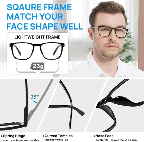 Vista 4 de Lightweight Reading Glasses Men Women Square Spring Hinges Readers 1.00 1.25 1.50 1.75 2.00 2.25 2.50 2.75 3.00