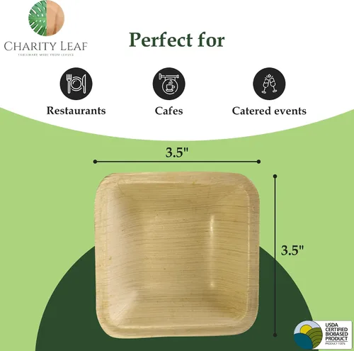 Vista 3 de Charity Leaf - Cuencos mini cuadrados desechables de hoja de palma de 3.5" (25 piezas) Similar al bambú Todo natural y biodegradable Para