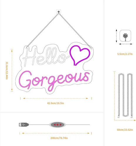 Vista 6 de Letreros de neón Hello Gorgeous para decoración de pared, con interruptor de atenuación - para dormitorio de niñas, decoración de cuarto