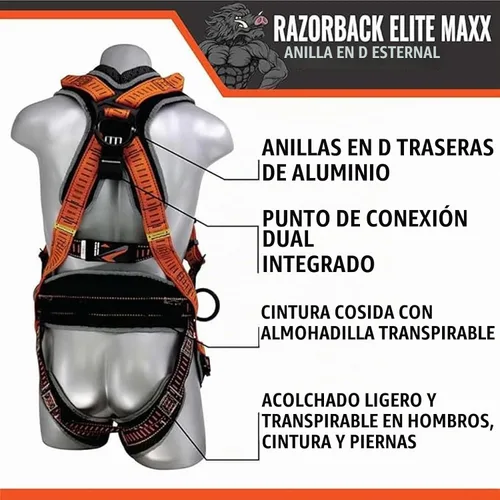 Vista 5 de Razorback Elite MAXX - Arnés de seguridad y kit de protección contra caídas con cinturón lumbar cosido y asas de rescate integradas para detención
