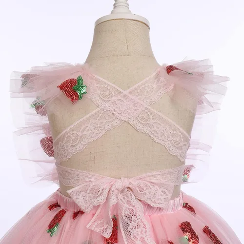 Vista 4 de IDOPIP Baby Girls Sequin Strawberry Cherry Tutu Dress Summer Backless Lace Princess Birthday Party Dress with Headband Outfit