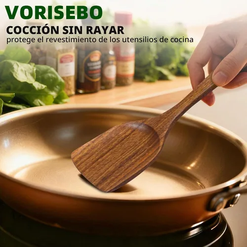 Vista 2 de 5 piezas de espátulas de madera para cocinar, juego de utensilios de madera de teca natural, utensilio de cocina de madera no tóxico, cucharas