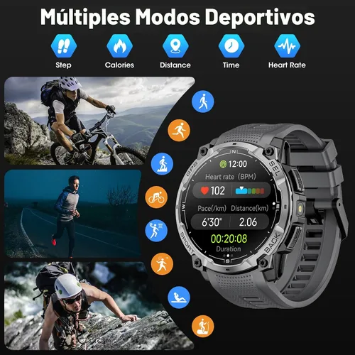 Vista 4 de Reloj inteligente militar para hombre con GPS, llamada Bluetooth AMOLED de 1.43 pulgadas, linterna LED, reloj táctico resistente para Android iOS