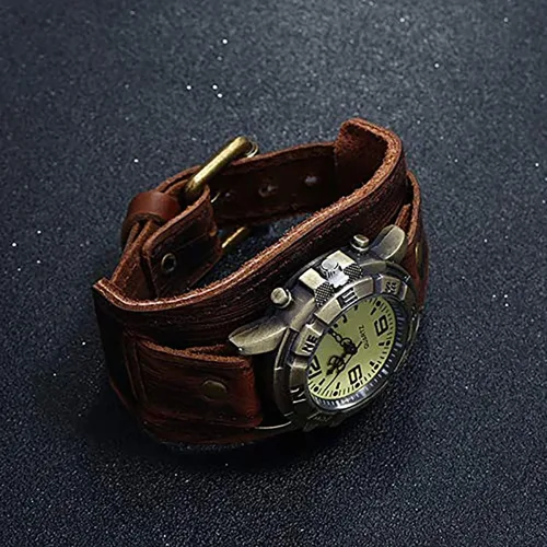 Vista 2 de Pulsera de reloj retro punk de cuero genuino para hombre, estilo hip hop, versátil
