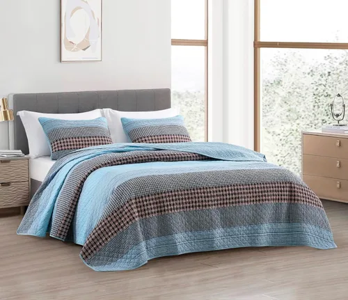 Vista 22 de Chezmoi Collection Caleb - Juego de edredón de 2 piezas con diseño floral a cuadros en gris apagado, blanco y marfil, rectangular, prelavado
