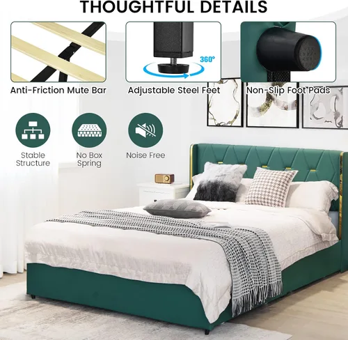 Vista 5 de KOTEK Base de cama tapizada de tamaño matrimonial con 4 cajones, base de cama de plataforma con cabecera copetuda con botones y soporte de listones