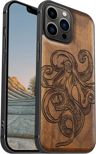 Vista 16 de Carveit Funda magnética de madera para iPhone 13 Mini [madera natural y TPU suave negro] funda protectora de madera única y elegante a prueba