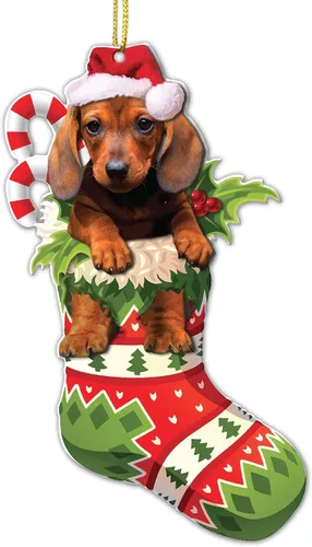 Vista 10 de Adorno acrílico plano de Navidad para perro de montaña bernés, adorable cachorro de montaña bernés en calcetín con bastones de caramelo, decoración