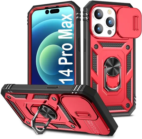 Vista 18 de PASNEW Funda militar para iPhone 13 Pro Max, cubierta de cámara deslizante y soporte de anillo de metal de 360°, carcasa rígida multicapa resistente