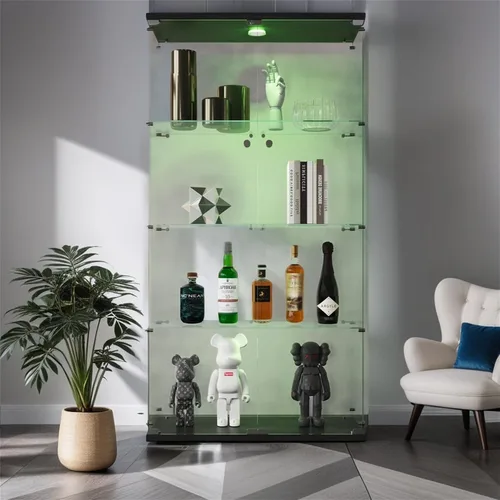 Vista 13 de Vitrina de cristal con luces LED y cerradura, vitrina Curio de 4 niveles con puerta de cristal, estantería de pie para sala de estar, dormitorio