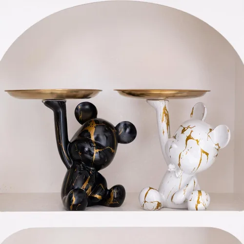Vista 5 de Bandeja Portavellas con Escultura de Oso Decorativa, Estatua de Animal para Hogar, Bandeja de Almacenamiento para Mesa de Entrada (Negro y Oro)