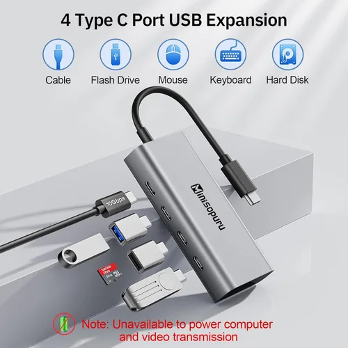 Vista 2 de Minisopuru Divisor USB C – Hub USB C de 4 puertos para portátil, solo transferencia de datos (no compatible con alimentación y video) USB C a USB C