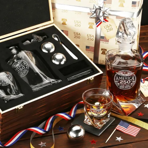 Vista 3 de Juego de decantador de whisky trenzado personalizado para el 250 aniversario, regalo de independencia de Estados Unidos 250 para hombres, nombre