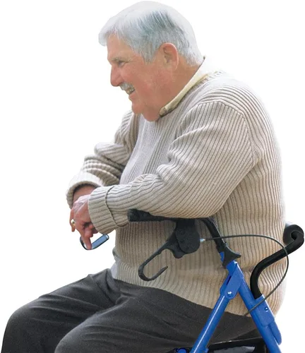 Vista 3 de Andador portátil con asiento, respaldo y ruedas de 8 pulgadas, color azul.