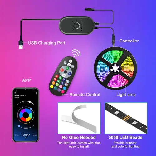Vista 6 de Nexillumi - Luces LED para TV, retroiluminación LED de 13.2 pies para 32-65 pulgadas, tira de luces LED RGB detrás de la TV, control remoto por