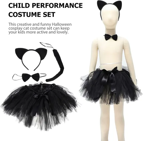 Vista 6 de NUOBESTY Diadema con orejas de gato para Halloween, disfraces de cosplay para niña, falda de gatito, diadema con lazo para fiesta (negro) talla M