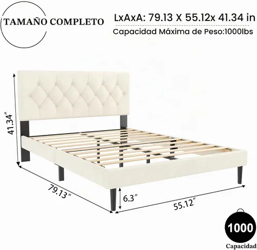 Vista 2 de HAOARA Armazón de Cama de Plataforma Tamaño Completo con Cabecera Tapizada con Botones Capitoné, Base de Colchón con Soporte de Listones de Madera