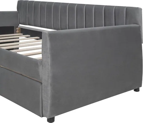 Vista 8 de SOFTSEA Sofá cama doble tapizado con cajones, sofá cama de terciopelo con listones de madera, soporte para dormitorio, sala de estar, no necesita