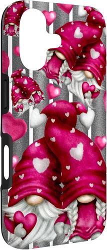 Vista 3 de Pink Heart Pattern On Grey Striped Decor Valentine Gnome Case for iPhone 17