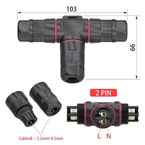 Vista 3 de AOHUA Caja de conexiones de 3 vías, conector M20 de 2 pines, 500 V/20 A, conector de cable eléctrico impermeable en forma de T IP68 para cable