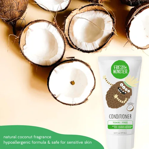 Vista 7 de Fresh Monster Acondicionador de cabello para niños, sin toxinas, hipoalergénico y natural, acondicionador para el cabello para niños, coco (6 onzas)