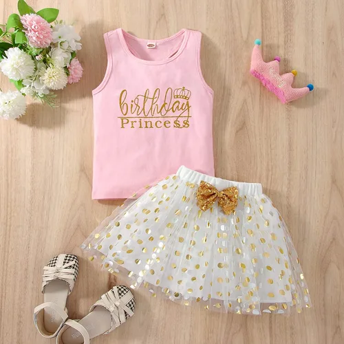 Vista 3 de Toddler Kids Baby Girls Birthday Princess Outfits Dress Vest Sleeveless Shirt Polka Dots Tulle Tutu Skirt 2Pcs