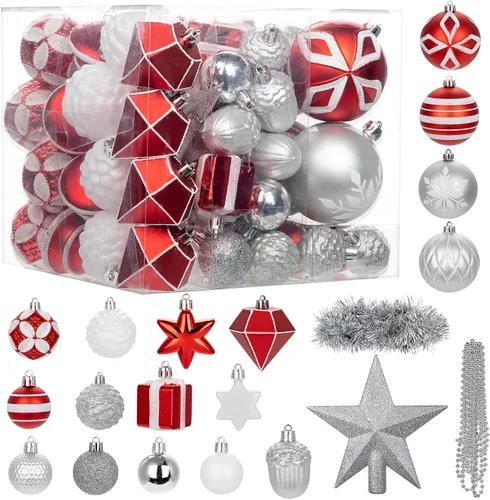 Vista 8 de 100 piezas de juego de adornos de Navidad azul y blanco – Kit de bolas de decoración de árbol de Navidad inastillables con estrella de copa
