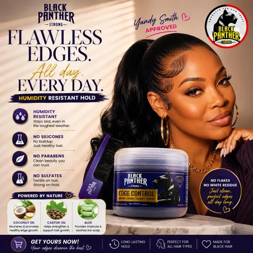 Vista 3 de Black Panther Control de bordes, resistente a la humedad, fuerte sujeción flexible para cabello natural y relajado 4C, con aceite de ricino, aceite
