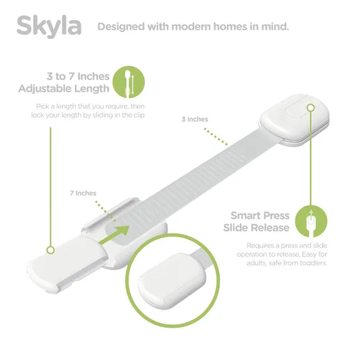 Vista 6 de Skyla Homes - Cerraduras de correa a prueba de bebés (paquete de 20), no necesita herramientas ni tornillos, toallitas incluidas, cerraduras